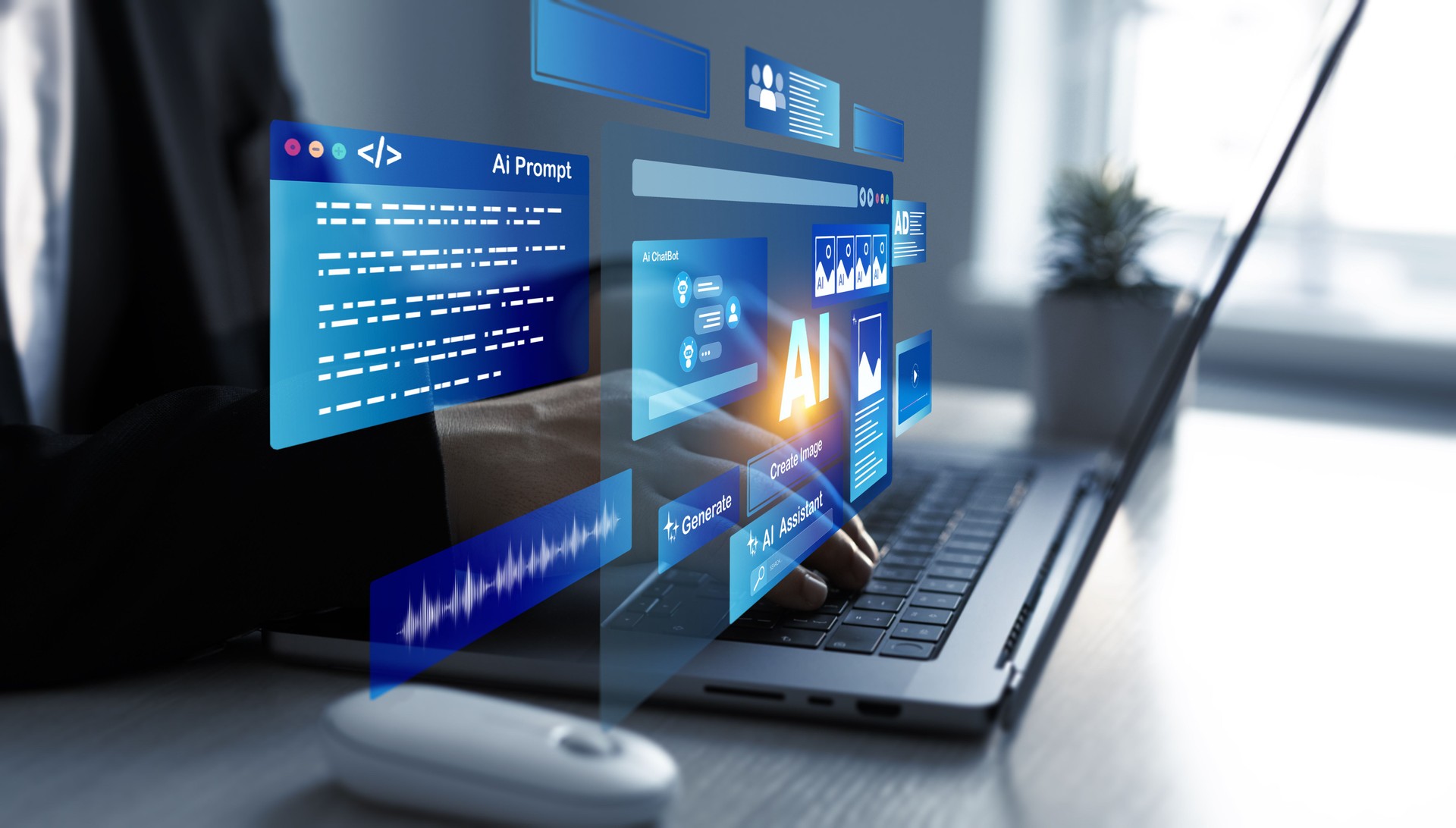 Person using laptop with Ai Content Generator.Image generator, documents, marketing and advertising, bot writing and coding.Interaction with the Ai assistant to solve some tasks more easily.